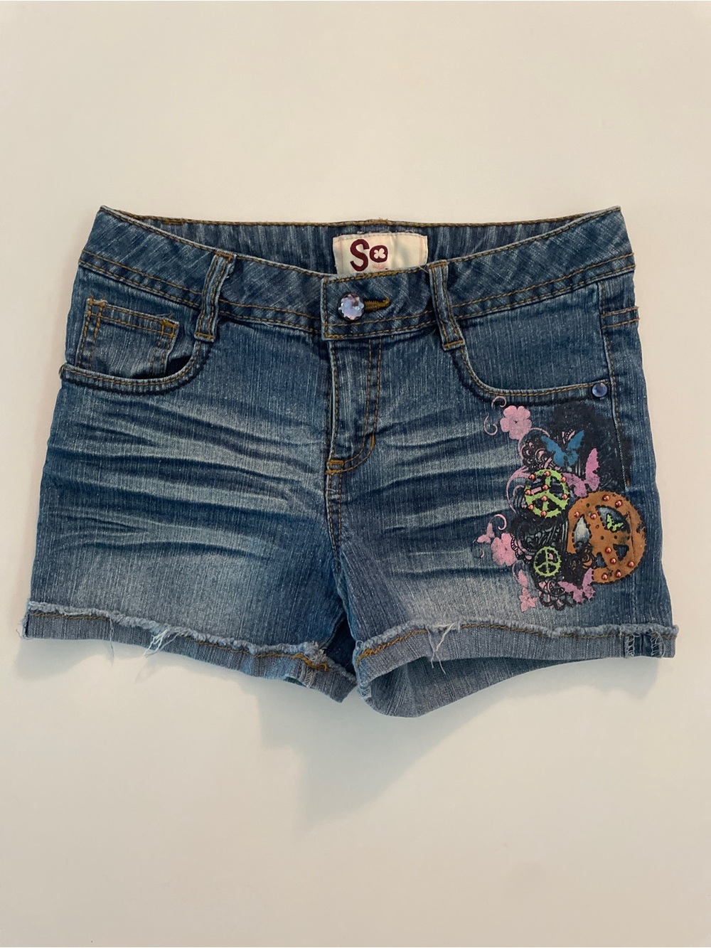 SO Girls Peace Sign & Butterfly Jean Shorts Size 12